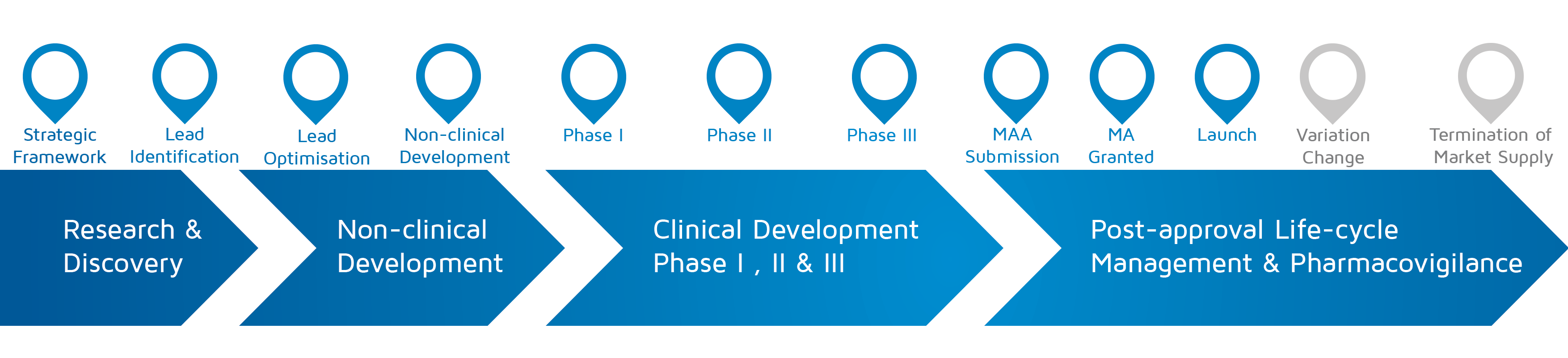 A visual representation of in which phase of medicines research and development process an activity takes place with strategic framework to Launch highlighted.