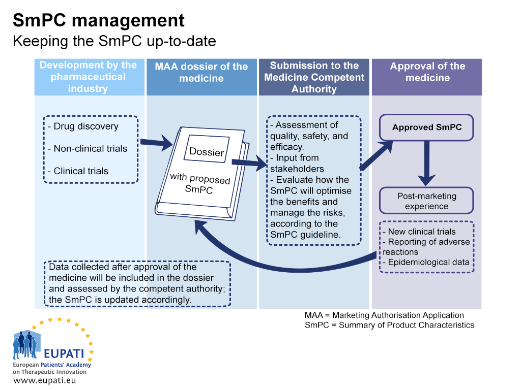 A diagram describing the activities required to keep the Summary of Product Characteristics (SmPC) up-to-date. The diagram describes four broad stages: Development by the pharmaceutical industry; Marketing Application Authorisation (MAA) Dossier of the medicine; Submission to the Medicine Competent Authority; and Approval of the medicine. During Development by the pharmaceutical industry, information is gathered through drug discovery, non-clinical and clinical trials. This information is compiled in the medicine’s dossier which contains a proposed SmPC which is then submitted to the competent authority. The competent authority assess quality, safety, and efficacy; consider input from stakeholders, and evaluate how the SmPC will optimise the benefits and manage the risks, according to the SmPC guideline. When the medicine is approved, the SmPC is also approved. After this approval, post-marketing experience is gathered through new clinical trials, reports of adverse reactions, and epidemiological data. This information is collected and included in the dossier, which is later assessed again by the competent authority. The SmPC is updated accordingly. This process continues as needed throughout the medicine’s lifecycle.