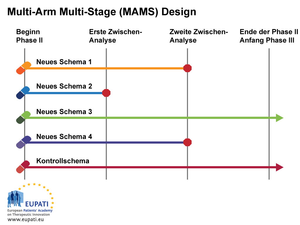 Das Multi-Arm Multi-Stage Design (MAMS) ermöglicht die gleichzeitige Untersuchung mehrerer Behandlungen gegenüber einer einzigen Kontrolle.